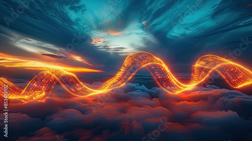 an image of a light painting among the clouds, in the style of squiggly line style, luminous skies, zigzags, undulating lines, minimalist objects, webcam photography
