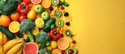 Variety of fruits and vegetables from above, Rangpur and yellow elements, vibrant and fresh look, creative banner with open copy space