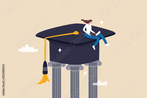 Curriculum, learning or education, student academic, study new knowledge or scholarship, learning lesson, certificate or graduated concept, smart woman learning with laptop on mortarboard pillars.