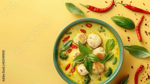 Gaeng Keow Wan green curry with fish balls, rich and spicy, fresh herbs, space for text above, Photorealistic, Vibrant Colors