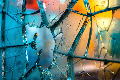 Broken shop window with colorful background, symbolizing vandalism or burglary