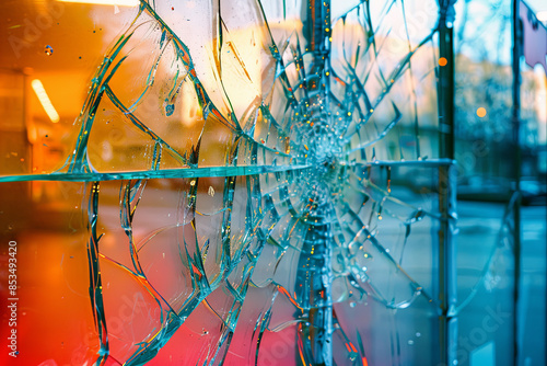 Broken shop window with colorful background, symbolizing vandalism or burglary
