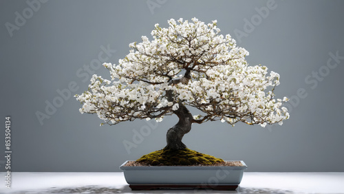 Exquisite snowrose bonsai covered in papery white bracts pristine minimalism luminous highlights stock shot Abstract background