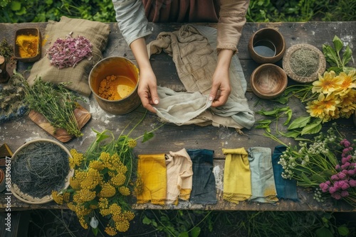 A person using natural dyes to color fabrics with plants and natural materials spread out on a table showcasing environmentally friendly dyeing techniques