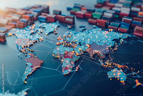 AI and global logistics concept with world map, supply chain network, and container ship for import-export