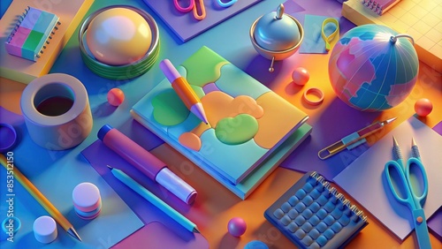 A flat lay of school supplies: notebooks, pencils, pens, and a calculator on a colorful background