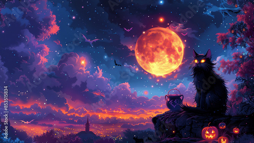 A mystical Halloween scene featuring a cat with glowing eyes, pumkin, a full moon, bats, and a colorful sky.