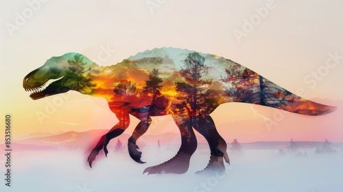 Dinosaur Silhouette With Overlaid Forest Landscape At Sunset