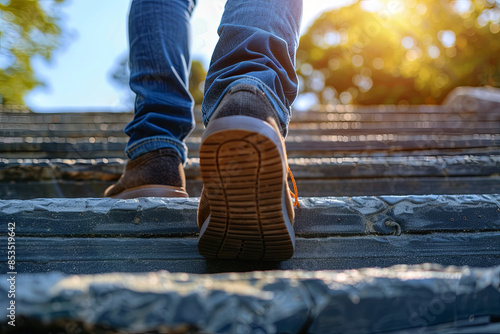 Step-by-step progress concept, with businessperson climbing stairs towards the top, representing success