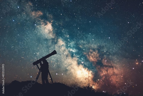 A night sky filled with stars and a visible Milky Way with an amateur astronomer using a telescope emphasizing the beauty and wonder of astronomy