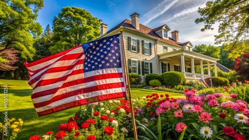 American flag proudly waving in front of a historic mansion with blooming flowers and lush greenery, symbolizing freedom and celebration.