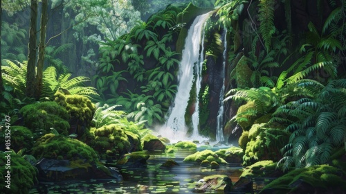 green temperate rainforest landscape illustration nature biodiversity, wildlife moss, ferns waterfall green temperate rainforest