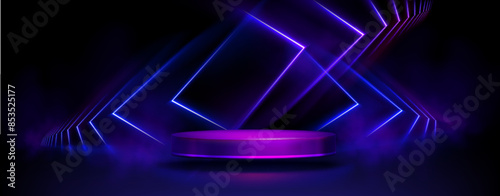 Cylinder flying podium with neon glowing abstract geometric shapes on wall and smoke clouds. Realistic 3d vector illustration of purple and blue luminous hi tech product platform on dark background.