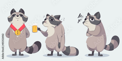 Cute racoon character. Funny animal drawing set. Happy winner raccoon illustration with medal on ribbon isolated on white background. Lovely mascot with tail and beer glass. Comic emotion expression