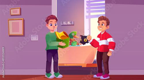 Two boys washing pets and toys in bathroom. Vector cartoon illustration of happy brothers taking care of kitten, frog and duck in foamy bath, children having fun together at home, childhood friendship