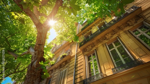 Sunlit green trees above shading historical facades, viewed from below, elegant and detailed architecture, bright and inviting