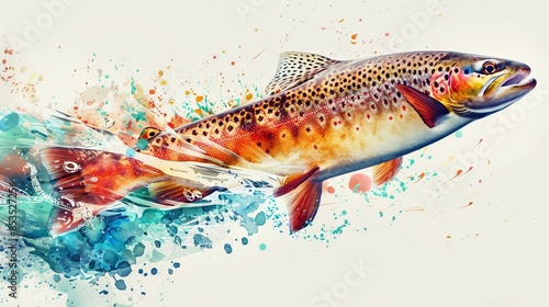 Vibrant trout leaping with water splash, dynamic angle, double exposure effect combining fish and nature