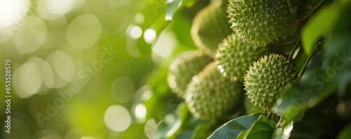 Close-up shot of green durian fruits hanging from the tree among lush foliage in a tropical orchard, sunlight bokeh in the background.