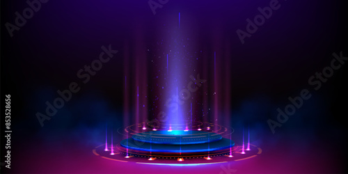 Tech hologram light podium or game portal with neon glow blue circles and beams on black background. Realistic 3d vector illustration of futuristic stage or platform. Scifi cyberpunk teleport pedestal