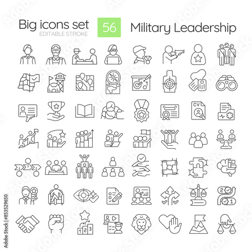 Military leadership linear icons set. Army values, team members. Combat training, requirements. Customizable thin line symbols. Isolated vector outline illustrations. Editable stroke