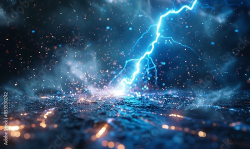 A dynamic lightning bolt striking the ground, creating a vivid blue energy explosion with cracks radiating outwards