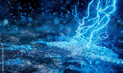 A dynamic lightning bolt striking the ground, creating a vivid blue energy explosion with cracks radiating outwards