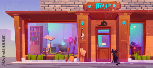 Magic shop facade with wooden entrance door, large window showcase and brick wall. Store of wizard and witch goods - cauldron and books in cabinet, potion in glass beaks and hat, cat on sidewalk.