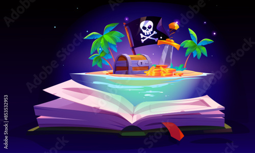 Open magic fairytale book with pirate island scene on paper pages. Cartoon vector children storybook showing sea or ocean blue water, sand shore with palm trees, chest and golden coins, black flag.