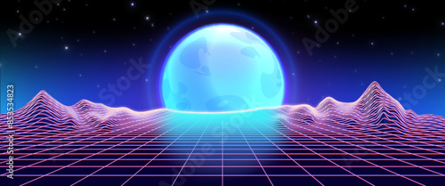 Retro synthwave background with abstract grid mountain landscape with blue glowing full moon on sky. Realistic 3d vector illustration of abstract retrowave surface for futuristic digital design.