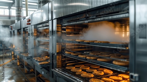 Large industrial ovens baking batches of cookies in a modern dairy production plant, with steam rising from the ovens, space for text