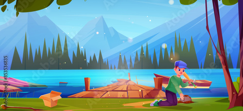 Boy with baseball bat picking dirty ball near mountain lake. Vector cartoon illustration of happy kid standing on knees near water, green grass, old wooden pier and boat on river, forest on horizon