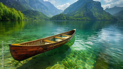 The boat is parked on the clear lake water, surrounded by green mountains and forests. The wooden canoe has two seats in front of each other with an empty bottom area for fishing or exploring.
