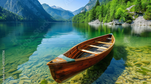 The boat is parked on the clear lake water, surrounded by green mountains and forests. The wooden canoe has two seats in front of each other with an empty bottom area for fishing or exploring.