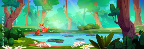 Frog and fox near summer forest lake. Vector cartoon illustration of beautiful natural scenery with river, stones in water, green grass and bushes, bright sunlight penetrating foliage of old trees