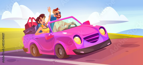Couple drive cabriolet car on summer road trip. Pink cabrio for fancy journey and happy people enjoy freedom on holiday. Honeymoon adventure for young girl and man with cool convertible transport