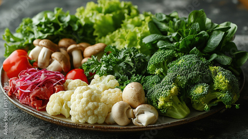 Delicious Fresh Vegetable in Big Plate on Table On Blurry Background