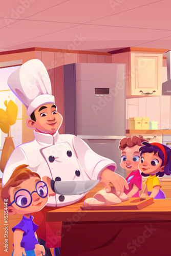 Chef character with knife cut food near kids vector illustration. Professional chief in hat and apron busy for hospitality with small children in kitchen interior. Culinary service profession workshop