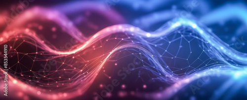 Abstract design showcasing flowing waves with connected dots and lines on vibrant blue to pink gradient backdrop, digital networking, and modern technology fields for visual representation