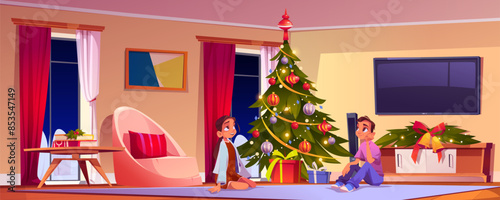 Family celebrate in living room with Christmas tree cartoon. Kid with gift box at home dreaming sitting on floor. Curtain on window, carpet and holiday evergreen apartment decoration. Xmas eve story