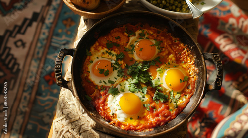 Shakshouka in a pan, dish of eggs poached in a sauce of tomatoes, chili peppers and onions
