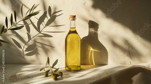 Bottle of extra virgin olive oil with olives on concrete background