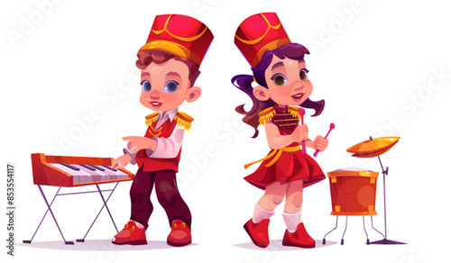 Children in march parade costumes with musical instruments. Cute little kid boy and girl musicians with drum and sticks, and piano synthesizer. Cartoon vector music school band player in uniform.