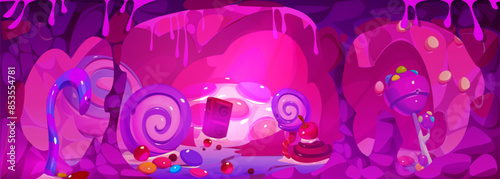 Sweet pink cave in fantasy fairy dream candy land world or game alien planet with lollipop, caramel, chocolate and cake. Dessert underground landscape. Cartoon vector childish yummy sugar interface.