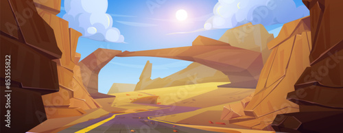 Desert landscape with rocky canyon and asphalt road on hot sunny day. Cartoon vector scenery with stone mountains and empty highway under blue sky with bright sun. Wild western scene with cliff.