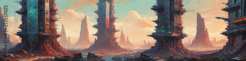 Otherworldly cityscapes materialize in thick oil layers, portraying a sci-fi world where vibrant structures blend harmoniously with the colorful planet's surface, Generative AI