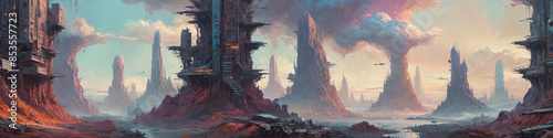 Otherworldly cityscapes materialize in thick oil layers, portraying a sci-fi world where vibrant structures blend harmoniously with the colorful planet's surface, Generative AI