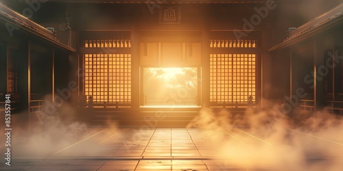 3D Rendering of a Traditional Japanese Dojo or Karate School in Haze A Misty View. Concept 3D Rendering, Traditional Japanese Dojo, Karate School, Haze Misty View