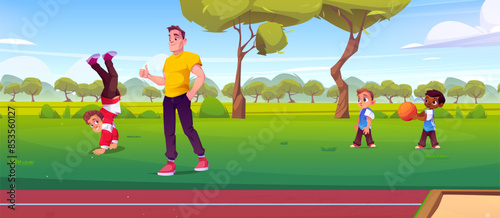 Father with athlete son in park cartoon scenery. Parent thumb up kid near racetrack and tree landscape. Summer kids walk illustration with green lawn, bush, forest and outdoor central treadmill.