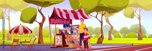 Street food festival booth and father with son in park cartoon illustration. Burger stall vendor with tent, counter and signboard. Kiosk marketplace with table, chair and umbrella in garden design