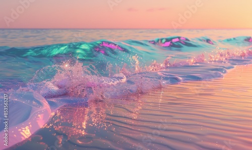 A surreal scene of holographic beach waves gently lapping on a digital shore, merging the real and virtual worlds in a mesmerizing display of technology and nature